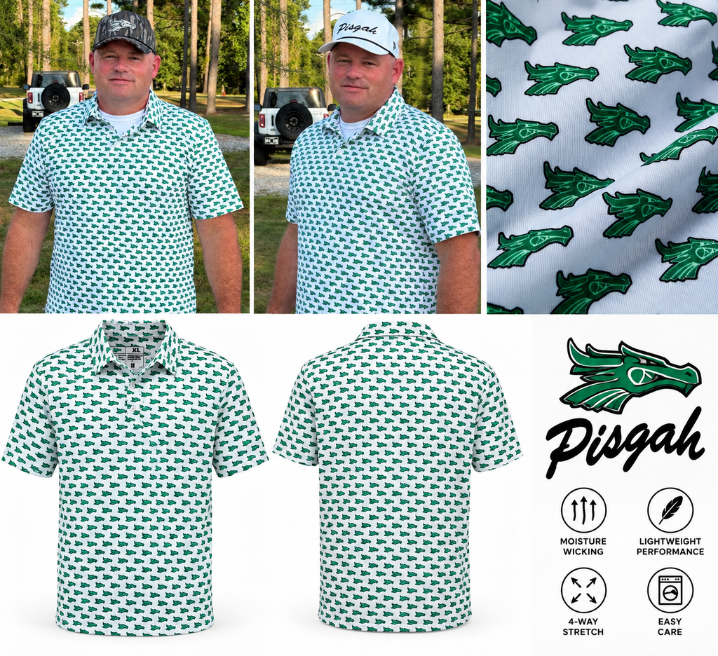 Pisgah Dragons All-Over Performance Polo – White/Kelly Green