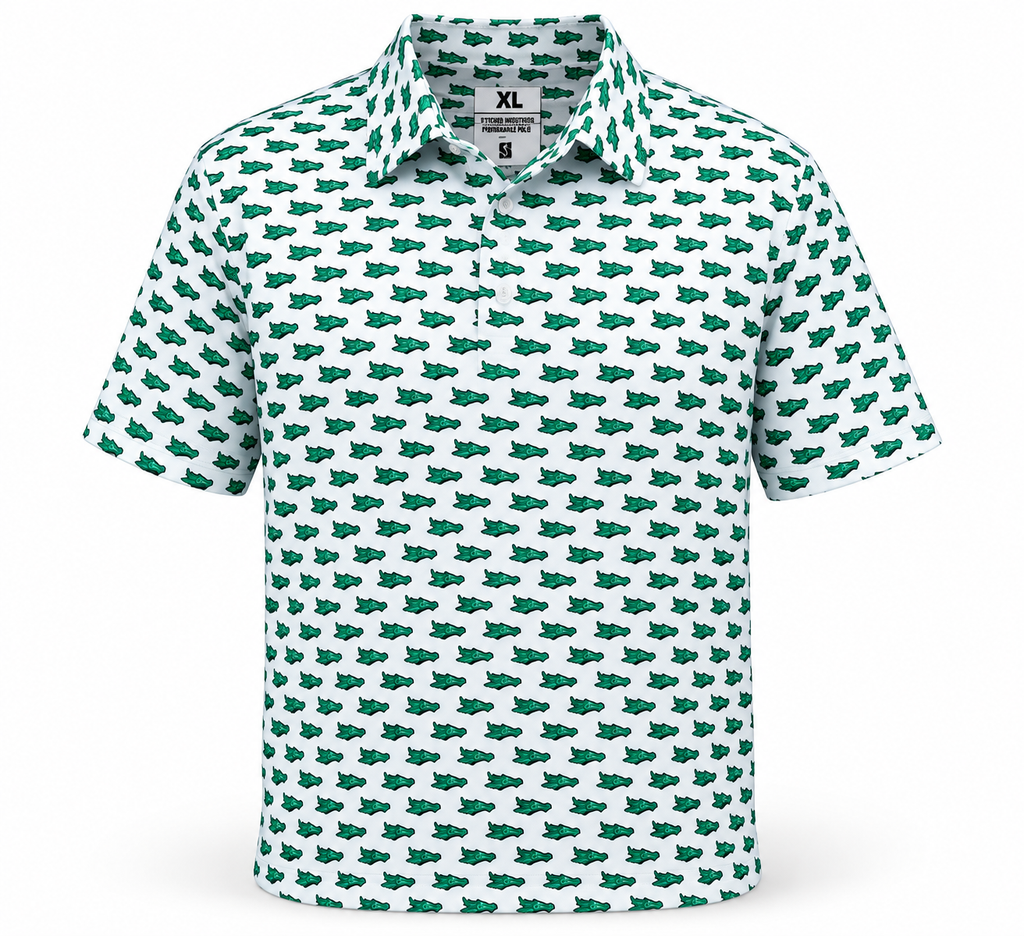 Pisgah Dragons All-Over Performance Polo – White/Kelly Green