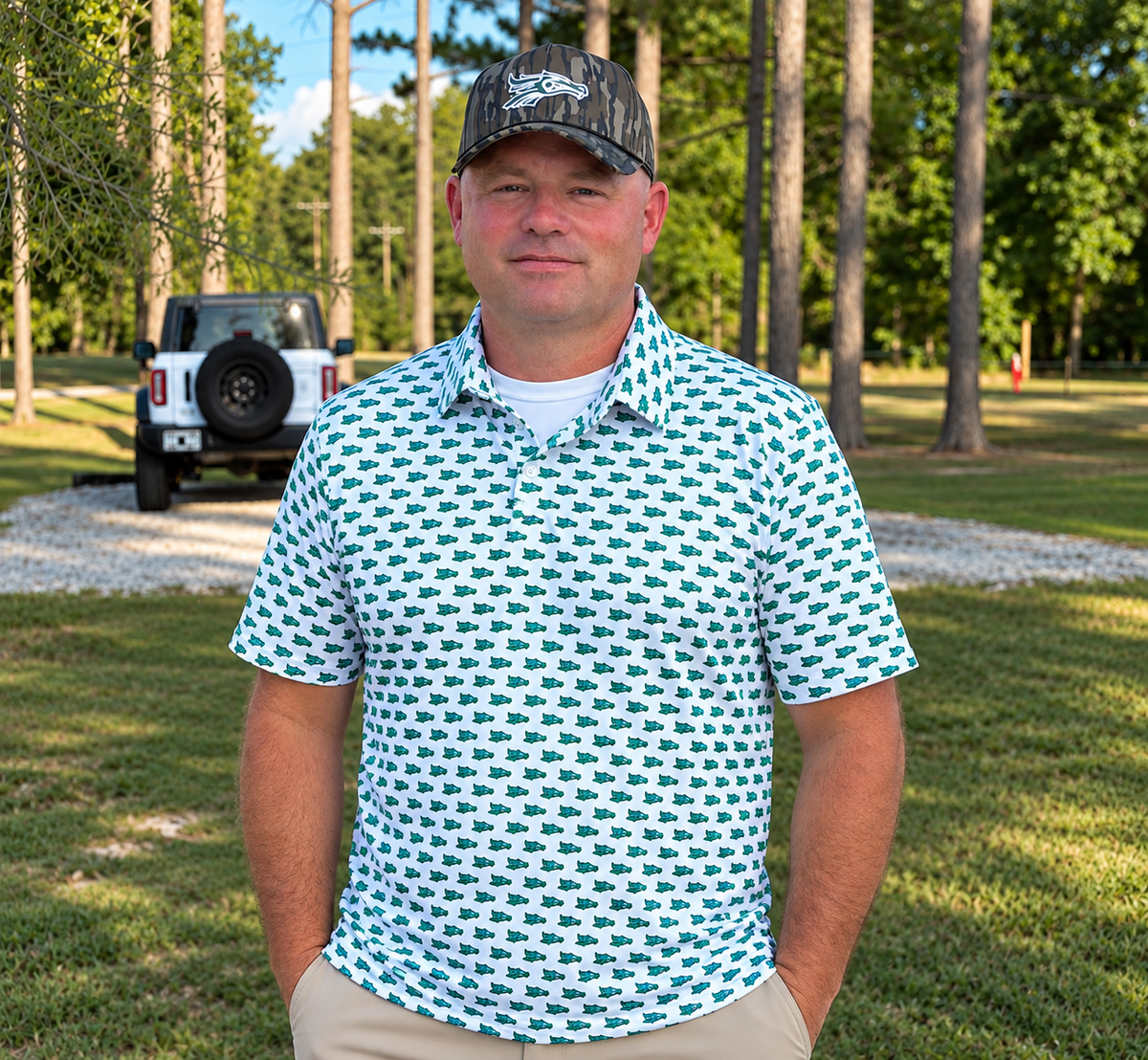 Pisgah Dragons All-Over Performance Polo – White/Kelly Green